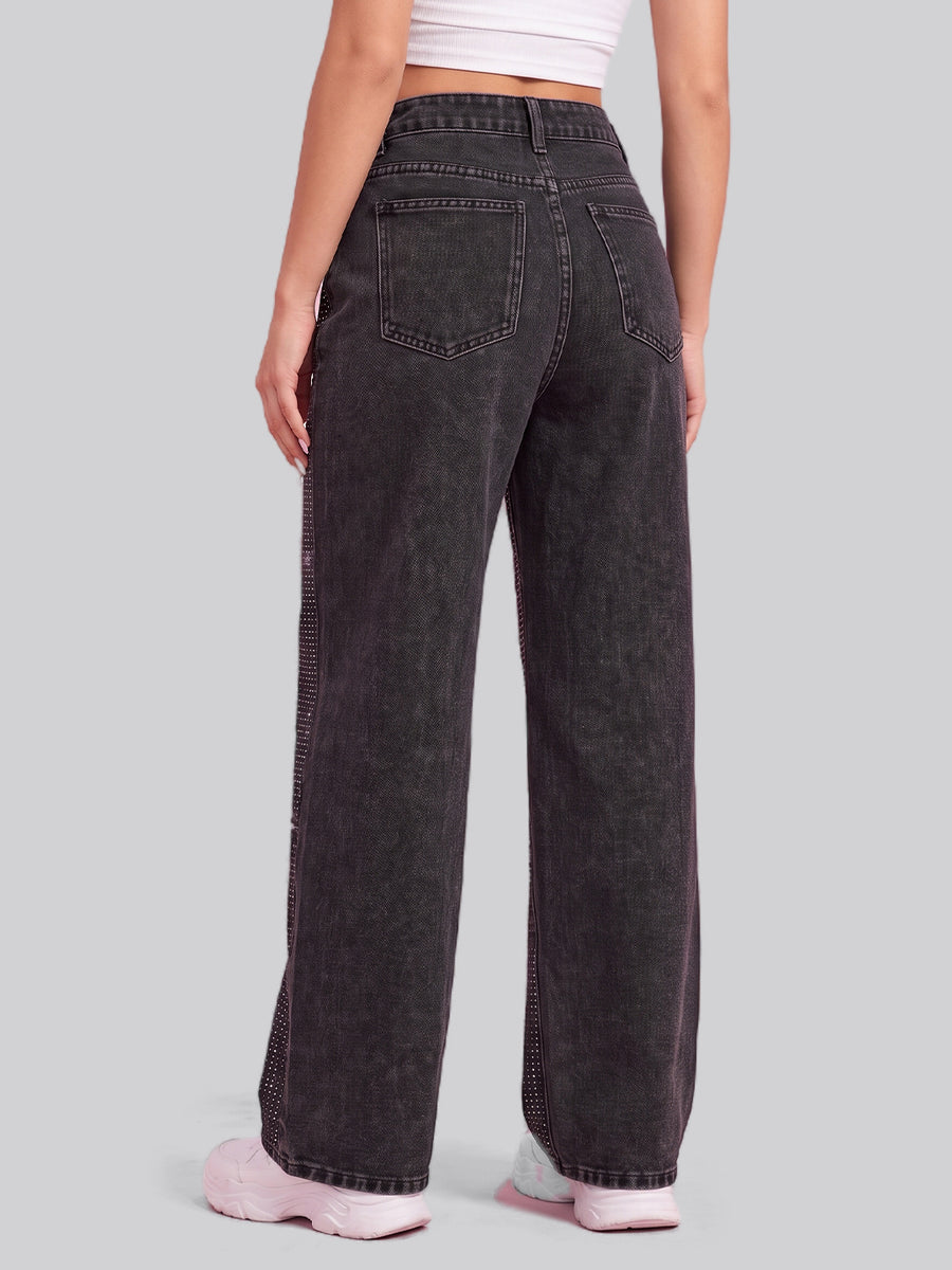 Full Glam Rhinestone Straight Jeans – Black