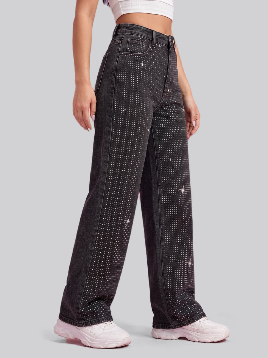 Full Glam Rhinestone Straight Jeans – Black