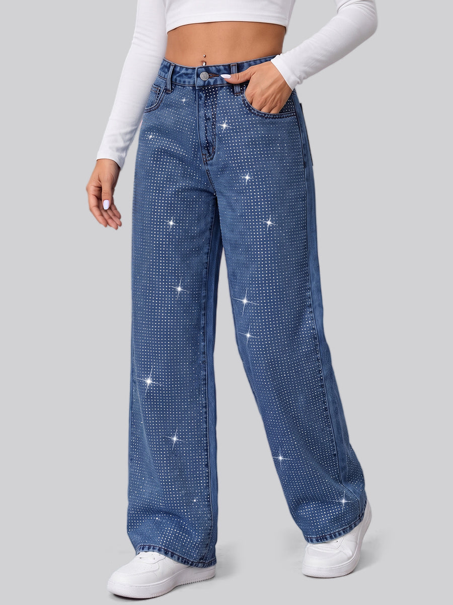 Full Glam Rhinestone Straight Jeans – Blue