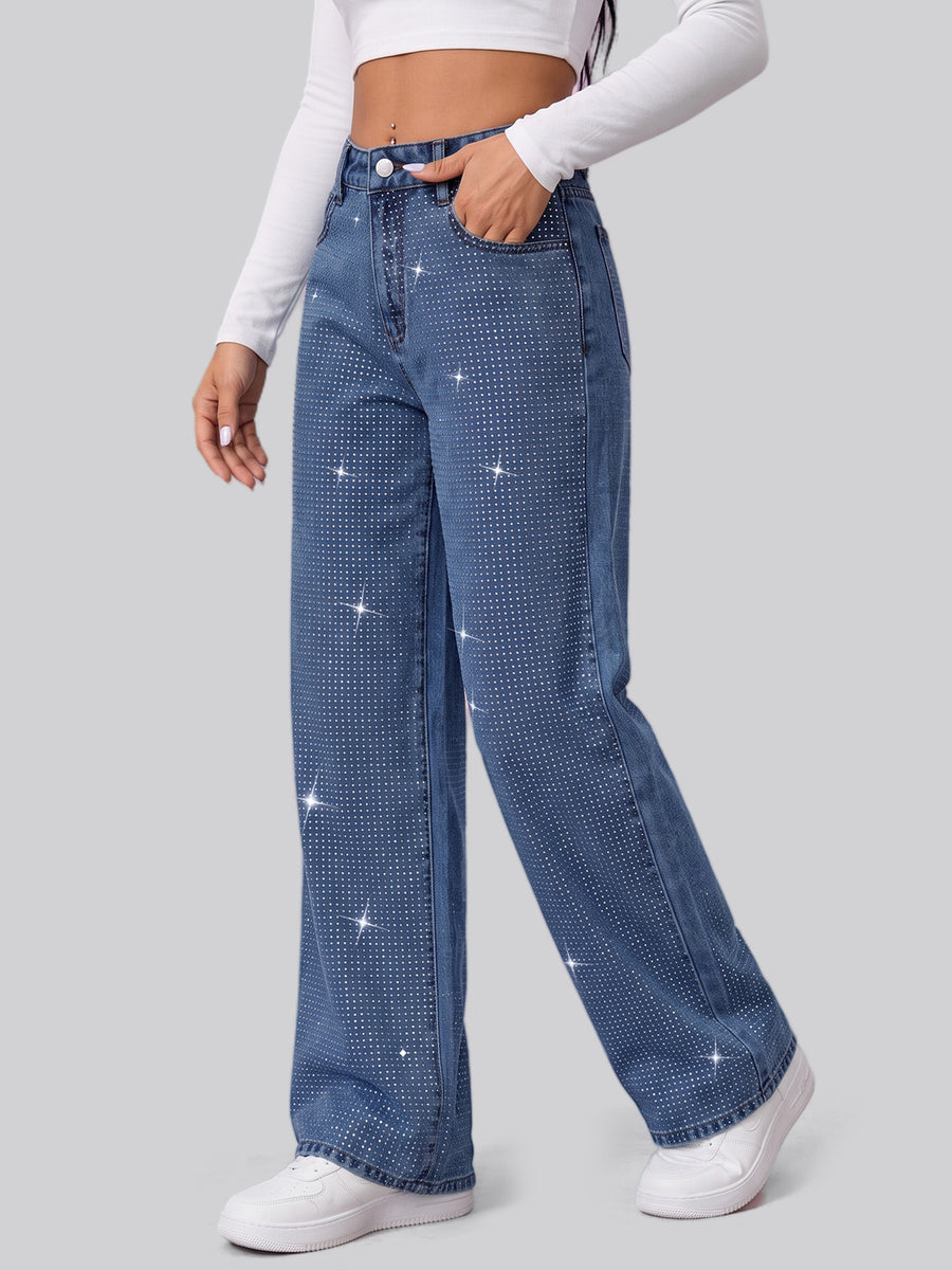 Full Glam Rhinestone Straight Jeans – Blue