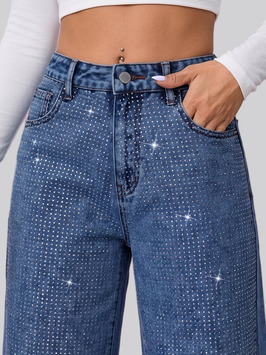 Full Glam Rhinestone Straight Jeans – Blue