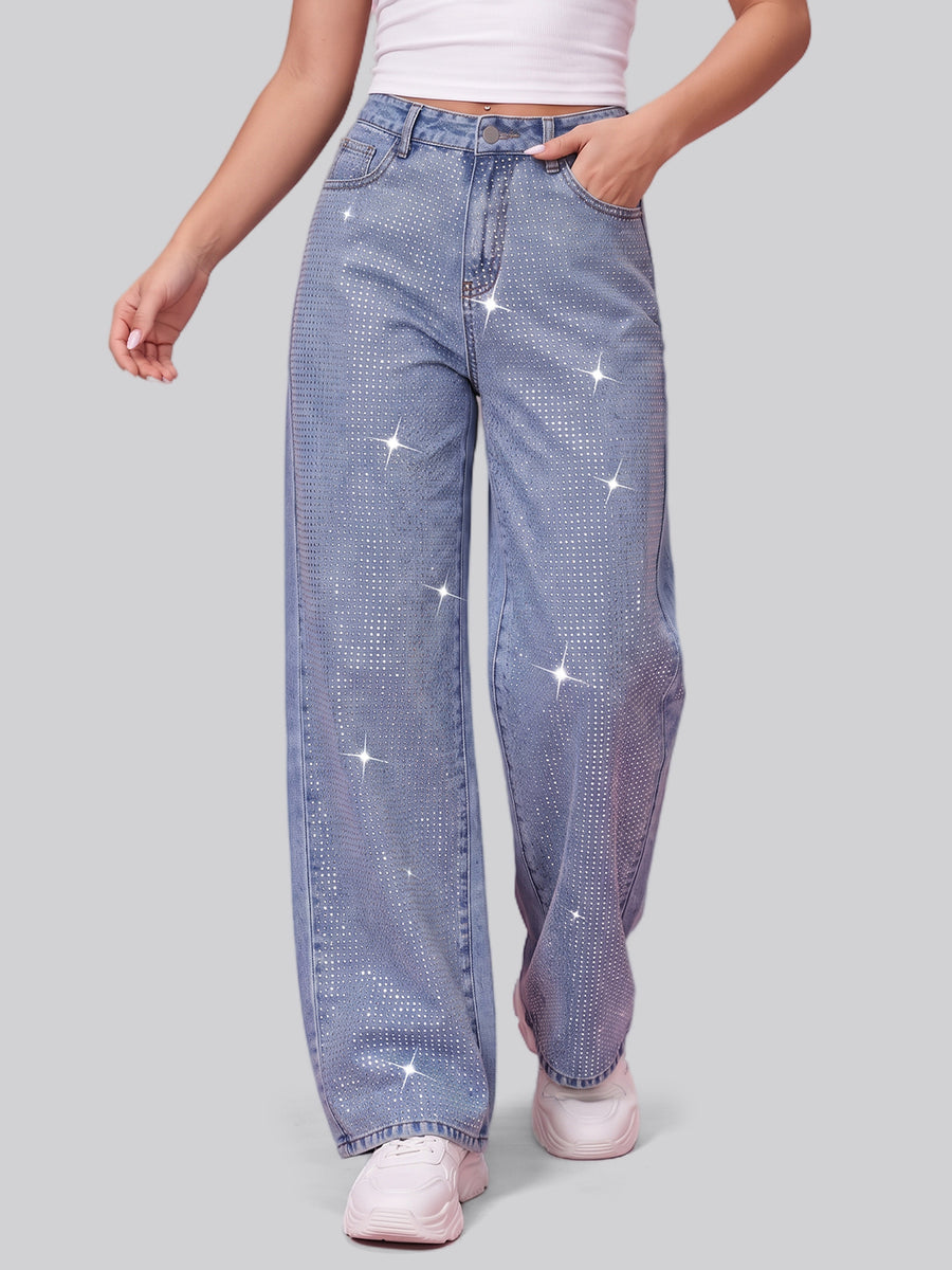 Full Glam Rhinestone Straight Jeans – Light Blue