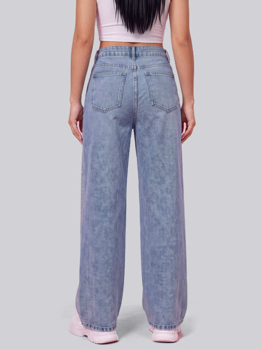 Full Glam Rhinestone Straight Jeans – Light Blue