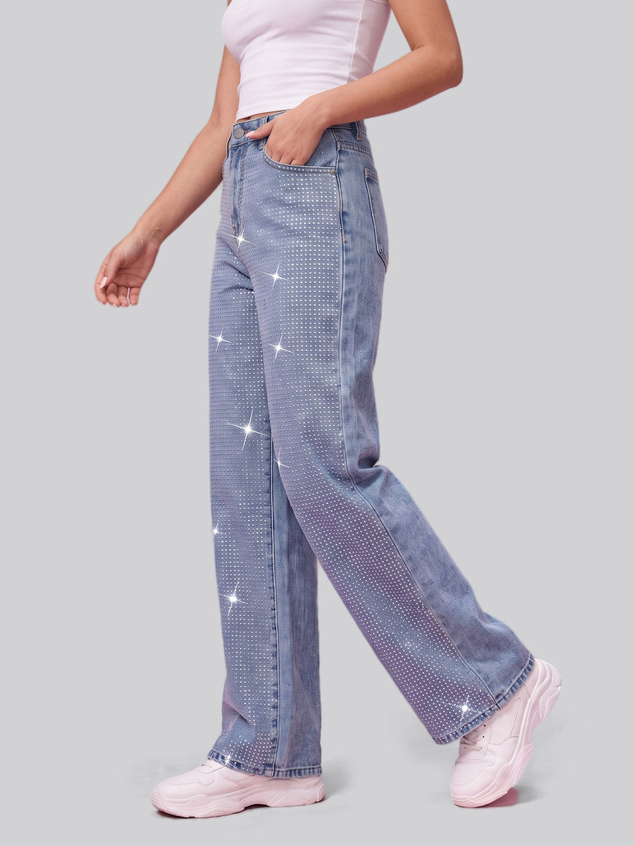 Full Glam Rhinestone Straight Jeans – Light Blue