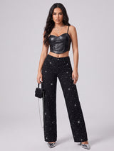 Galaxy Girl Rhinestone Straight Jeans – Black