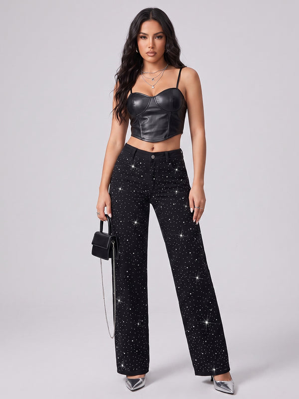 Galaxy Girl Rhinestone Straight Jeans – Black
