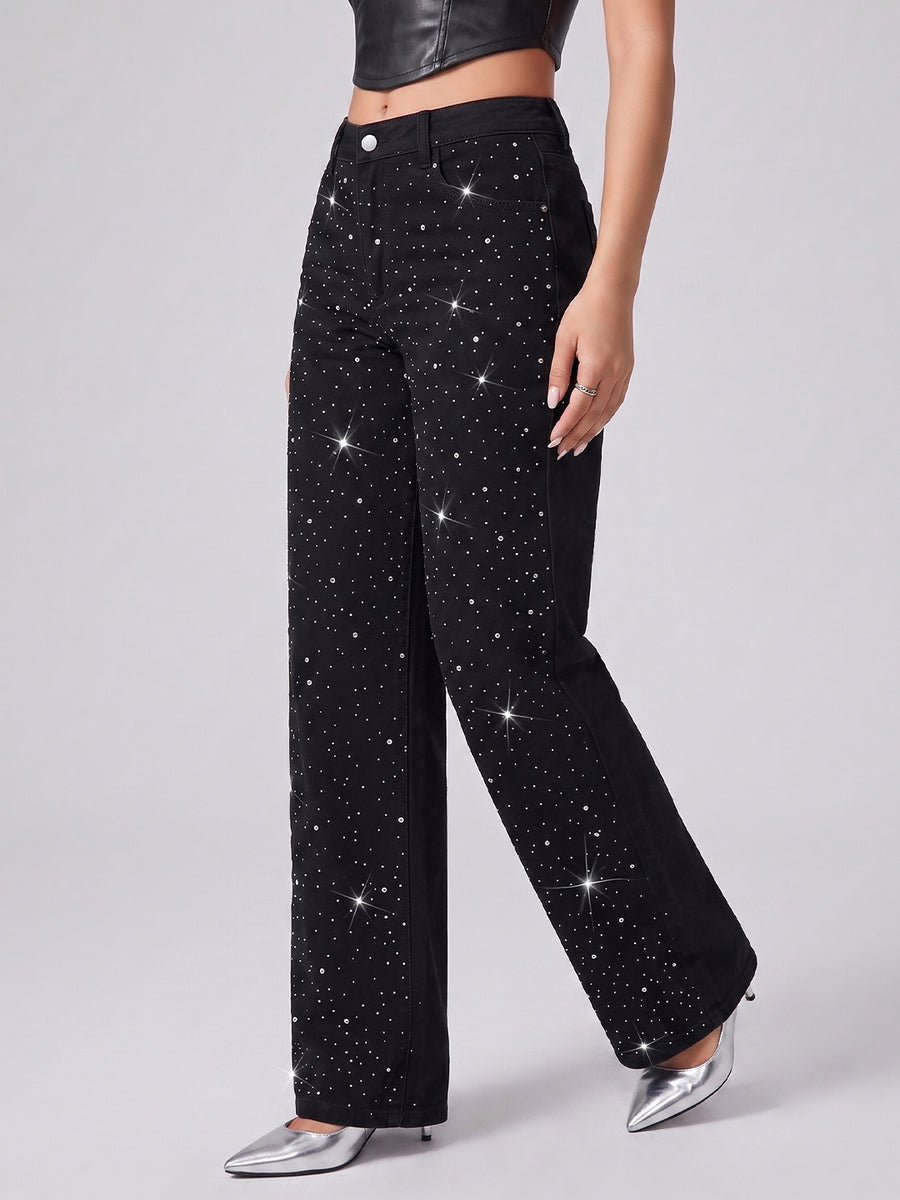 Galaxy Girl Rhinestone Straight Jeans – Black