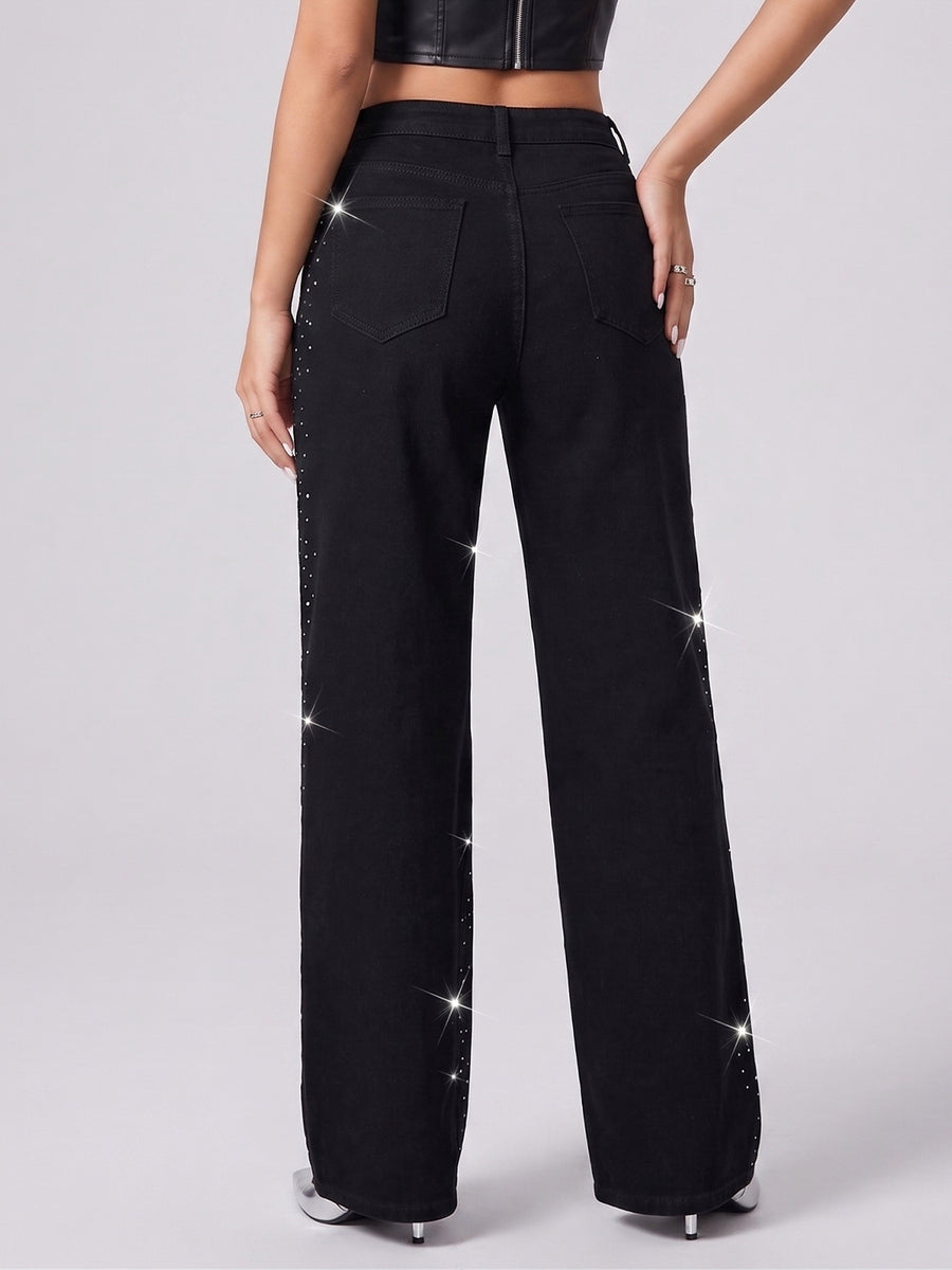 Galaxy Girl Rhinestone Straight Jeans – Black