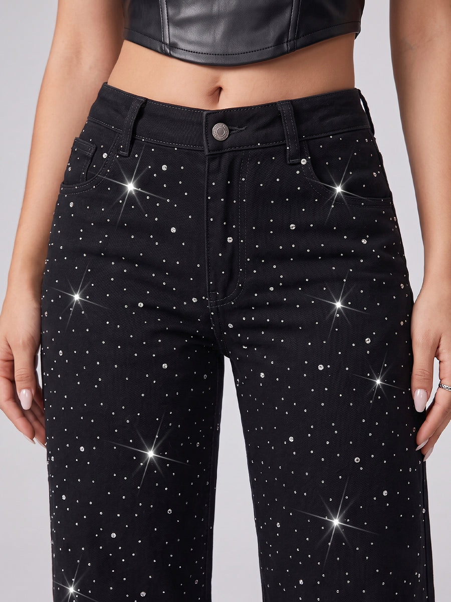 Galaxy Girl Rhinestone Straight Jeans – Black
