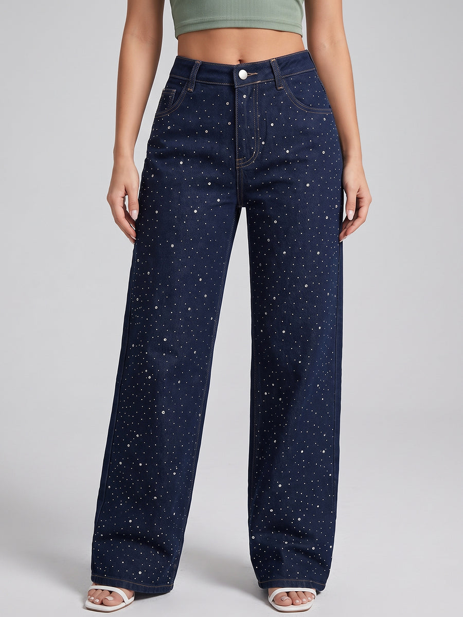 Galaxy Girl Rhinestone Straight Jeans – Navy Blue