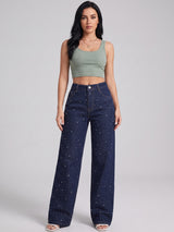 Galaxy Girl Rhinestone Straight Jeans – Navy Blue