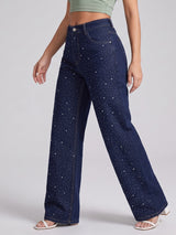 Galaxy Girl Rhinestone Straight Jeans – Navy Blue