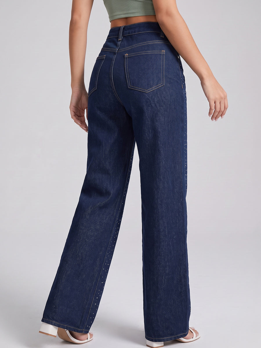 Galaxy Girl Rhinestone Straight Jeans – Navy Blue