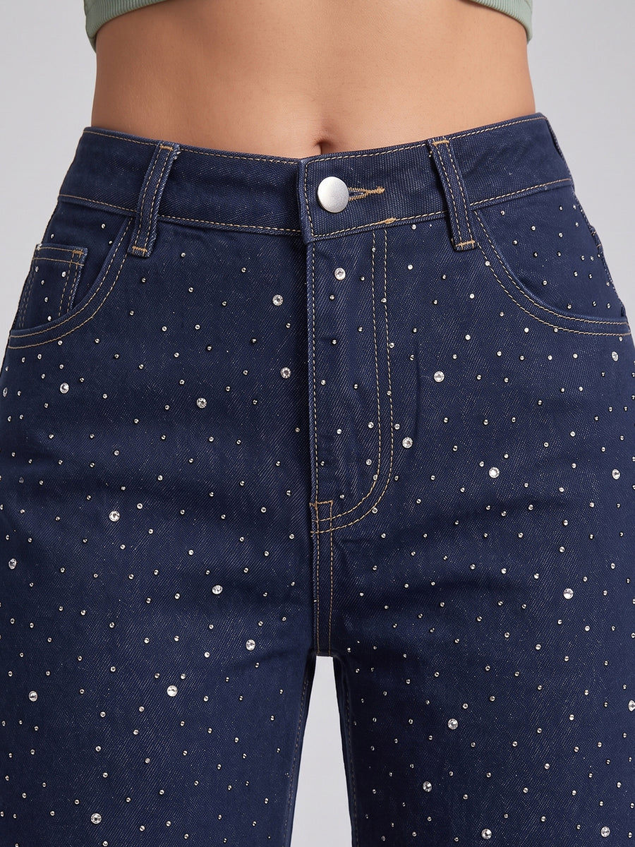 Galaxy Girl Rhinestone Straight Jeans – Navy Blue