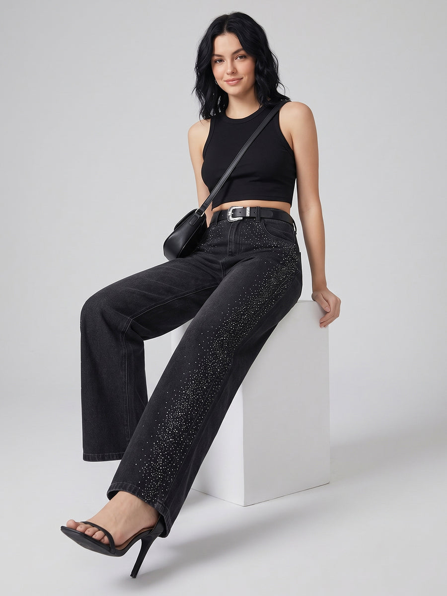 Side Sparkle Rhinestone Wide Legs – Black