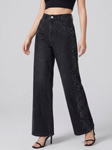 Side Sparkle Rhinestone Wide Legs – Black