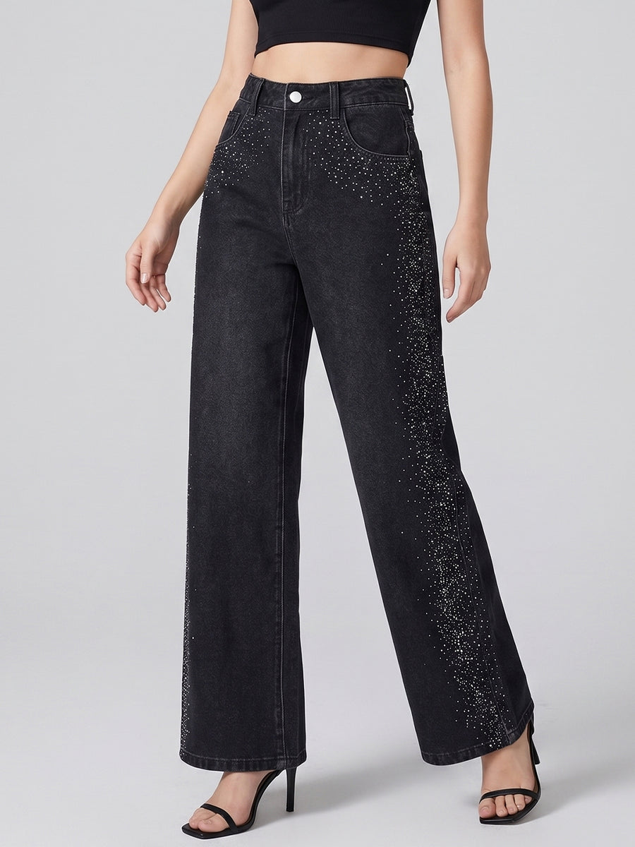 Side Sparkle Rhinestone Wide Legs – Black