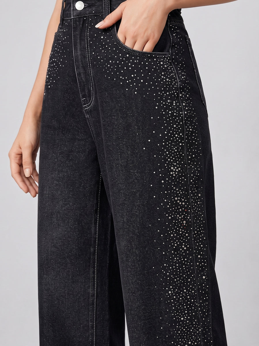 Side Sparkle Rhinestone Wide Legs – Black
