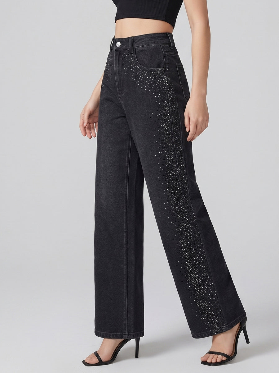Side Sparkle Rhinestone Wide Legs – Black