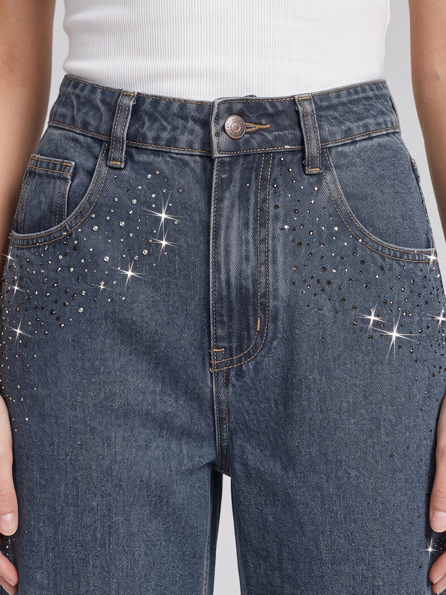 Side Sparkle Rhinestone Wide Legs – Blue
