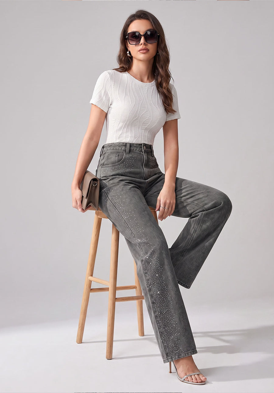 Side Sparkle Rhinestone Wide Legs – Grey