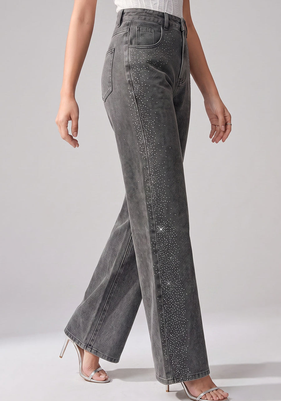 Side Sparkle Rhinestone Wide Legs – Grey