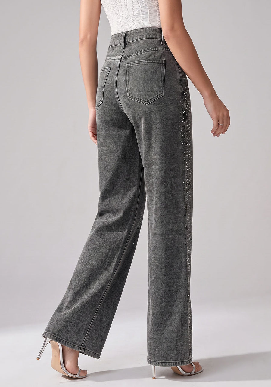 Side Sparkle Rhinestone Wide Legs – Grey