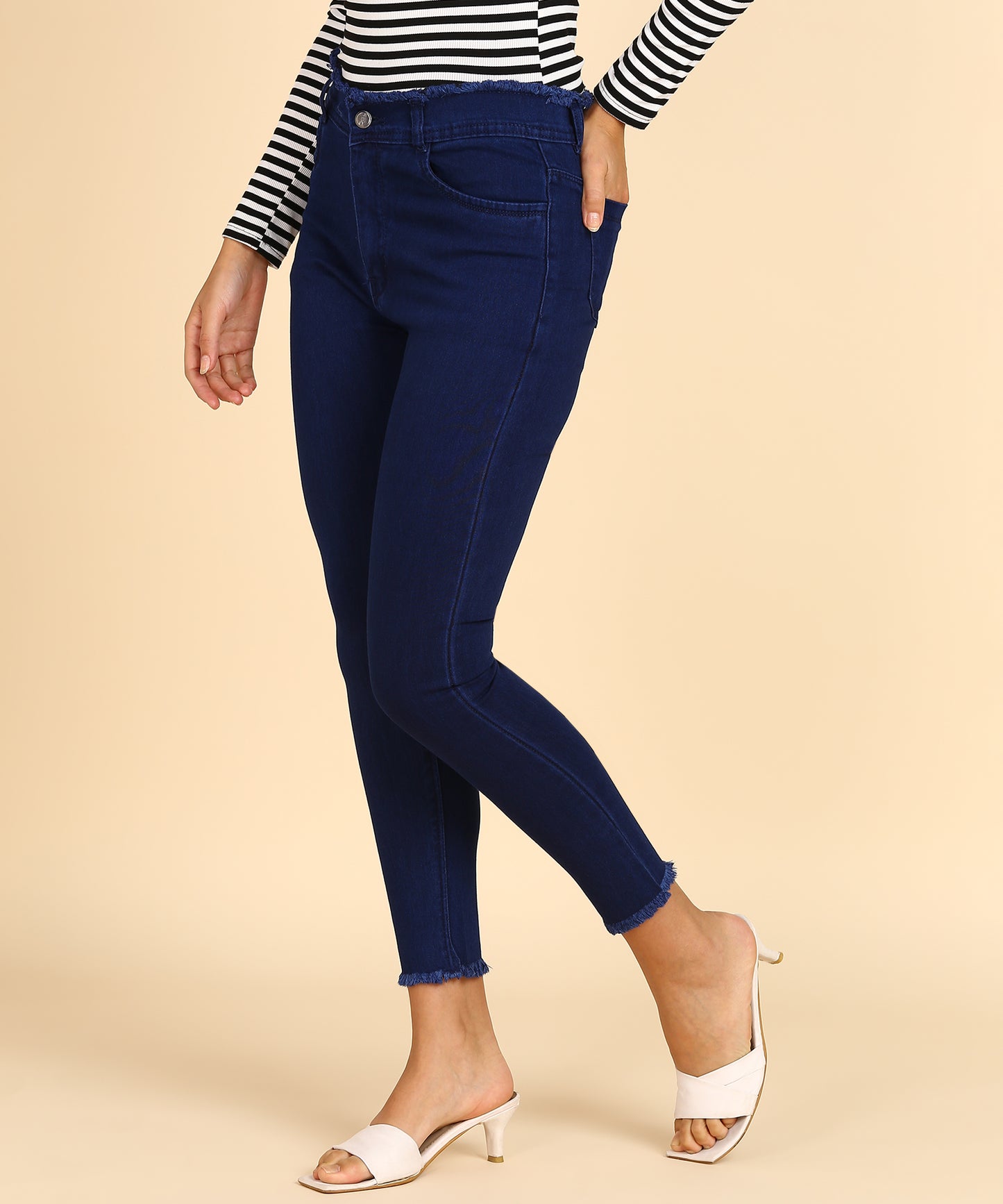 Navy Blue High Rise Slim Fit Skinny Frayed Hem Jeans- 5105