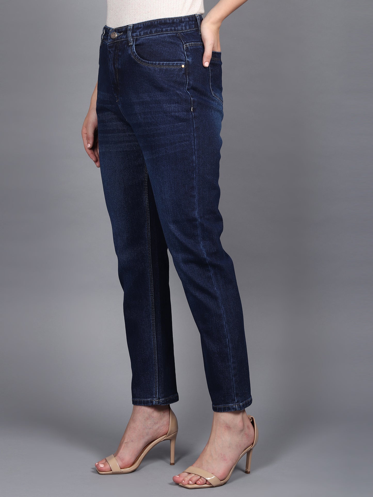Navy Boyfriend Fit Cotton Lycra Regular Denim Jeans for Women-6041