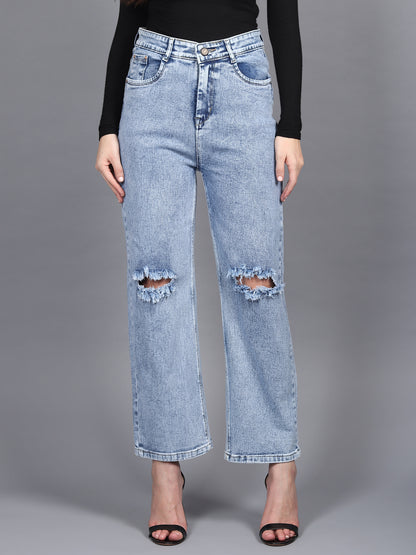 High Waist Straight Fit Knee Cut Cotton Lycra Denim Jeans for Women-6042