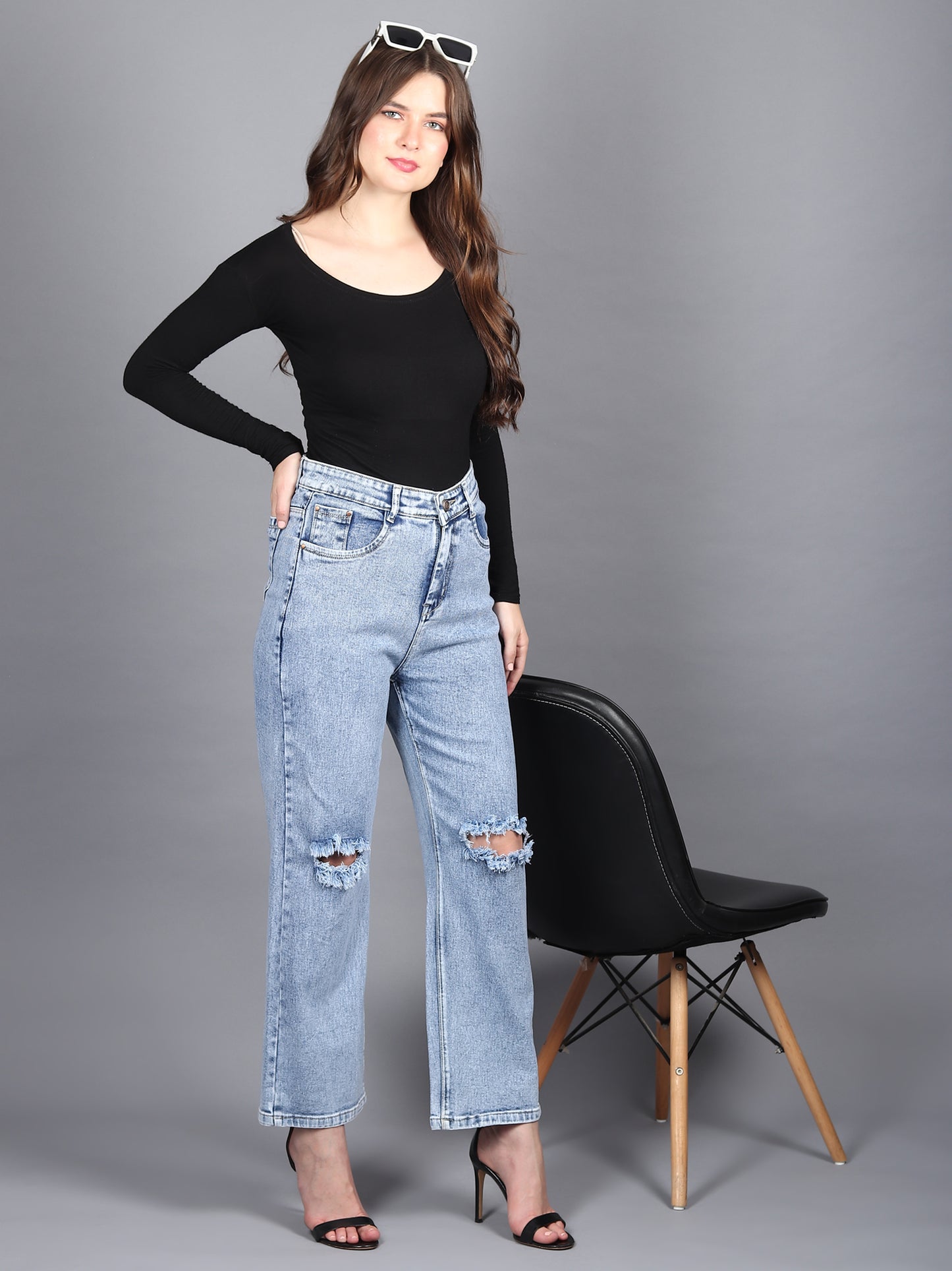 High Waist Straight Fit Knee Cut Cotton Lycra Denim Jeans for Women-6042