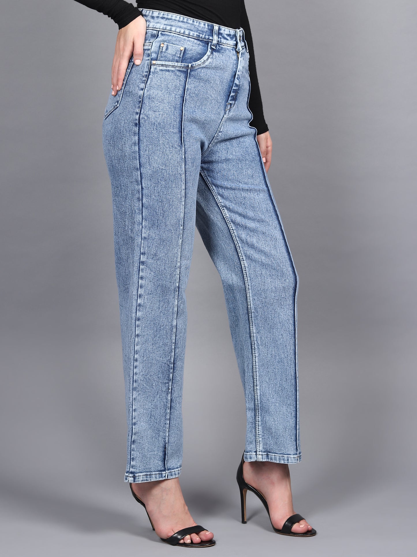 High Waist Straight Fit Cotton Lycra Denim Jeans for Women-6043