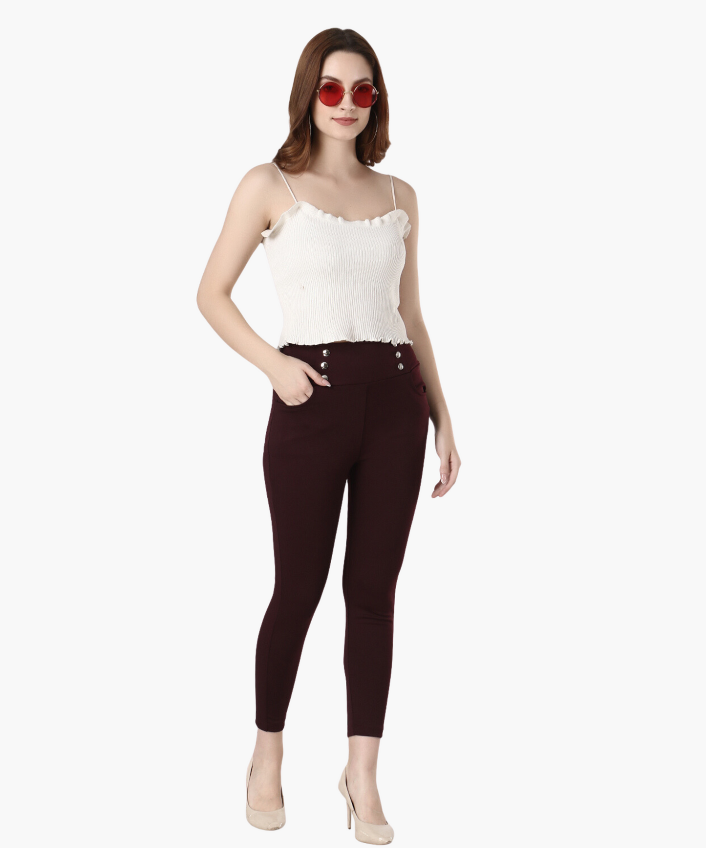Maroon High Rise Curve Hugging Jeggings for Women -614