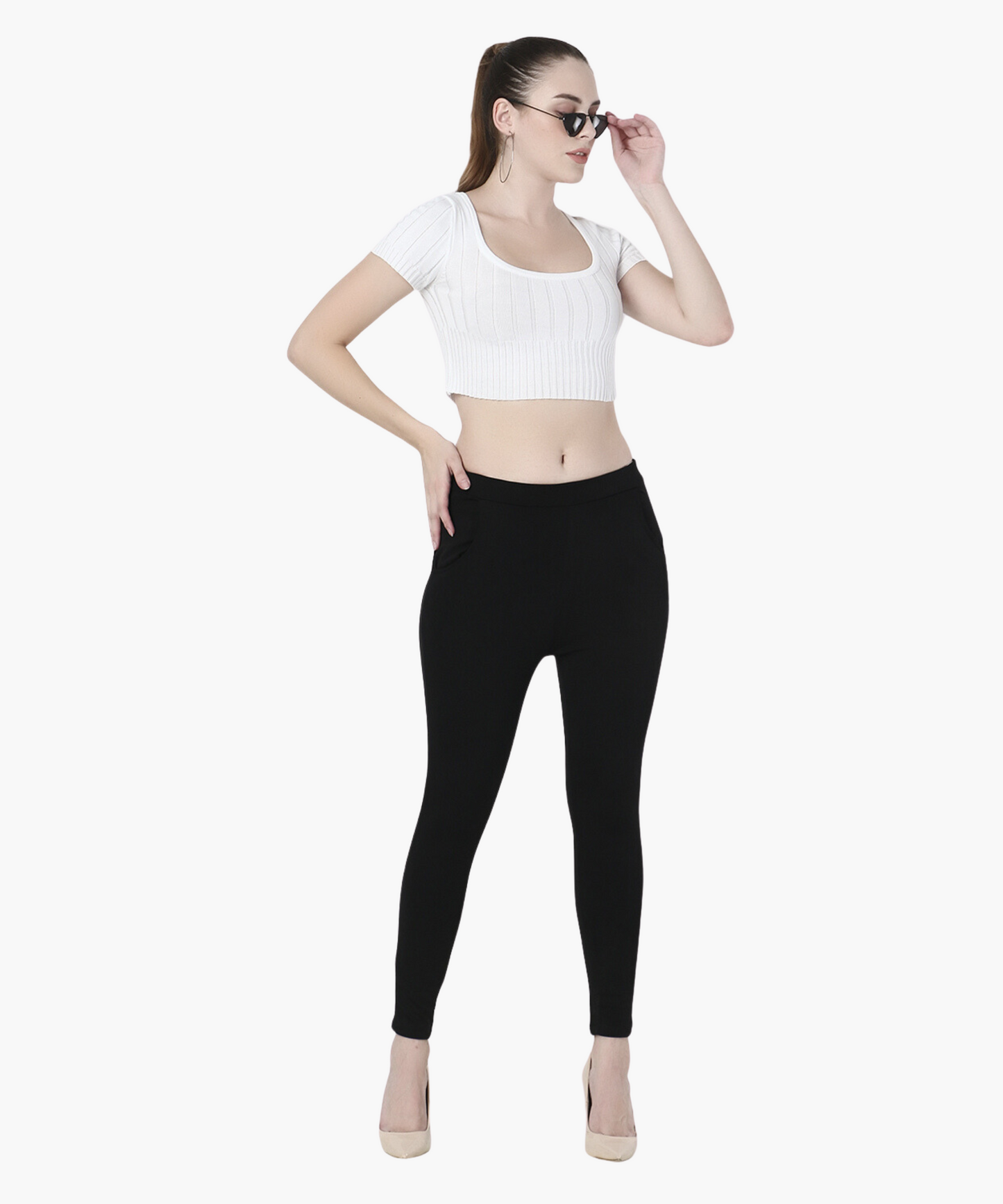 Black High-Waisted Stretch Cigarette Trousers for Women -642