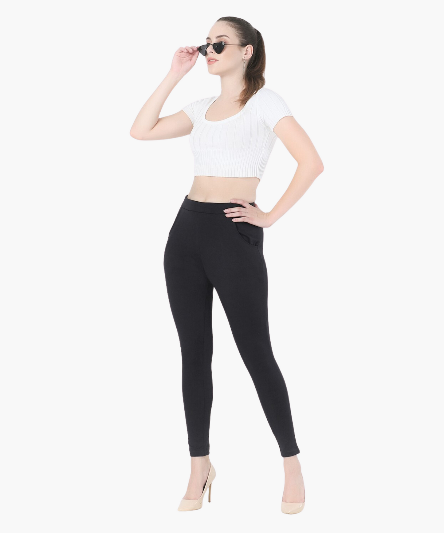 Dark Grey High-Waisted Stretch Cigarette Trousers for Women -642