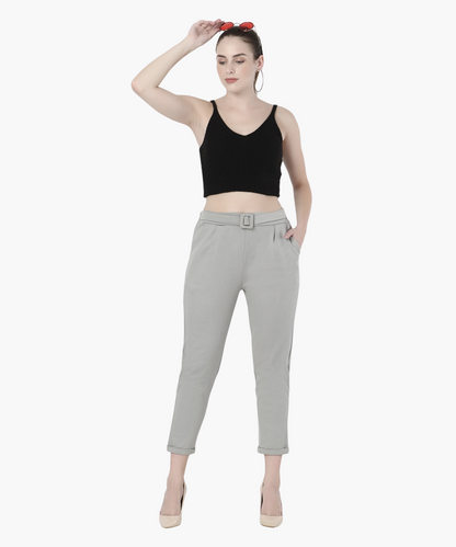 Quill Grey High Rise Cropped Belted Cigarette Trousers for Women -643