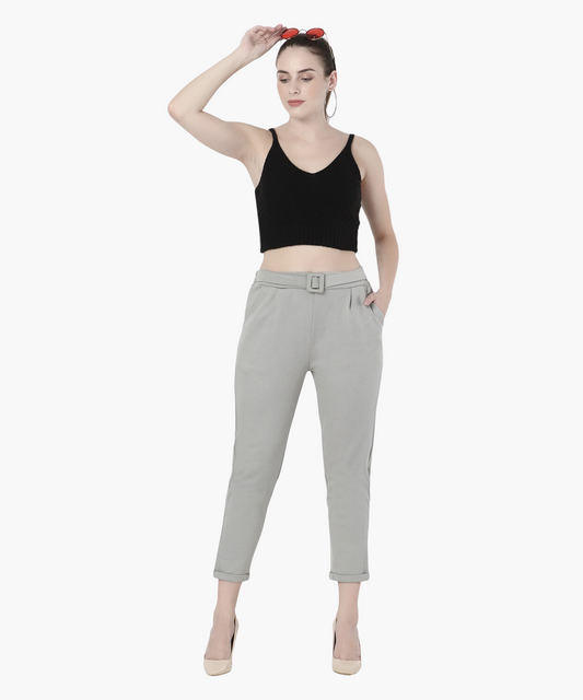 Quill Grey High Rise Cropped Belted Cigarette Trousers