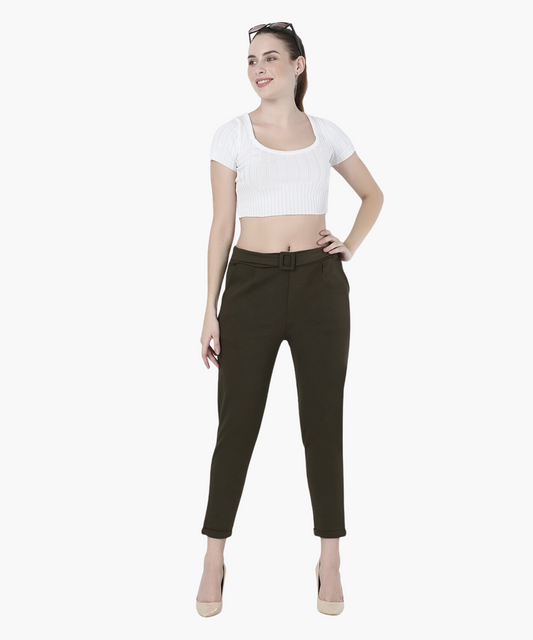 Henna Green High Rise Belted Cigarette Trousers