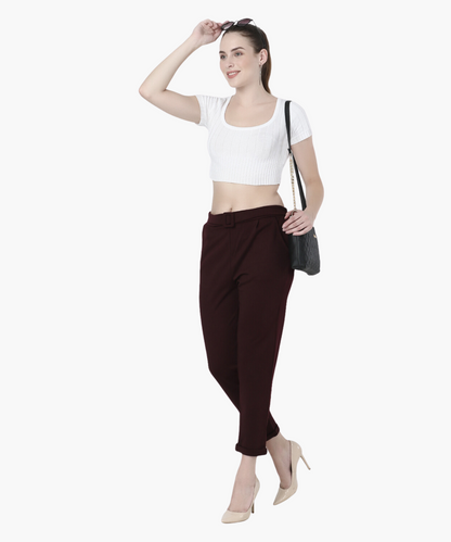 Maroon High Rise Cropped Belted Cigarette Trousers for Women -643