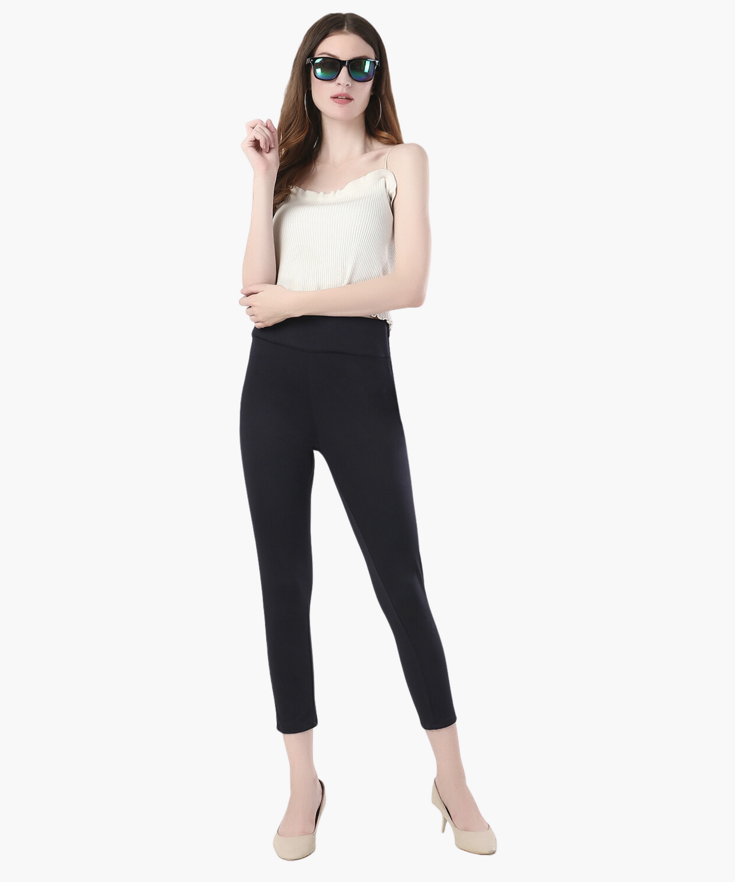 Navy Blue High-Waisted Classic Cigarette Trousers for Women -650