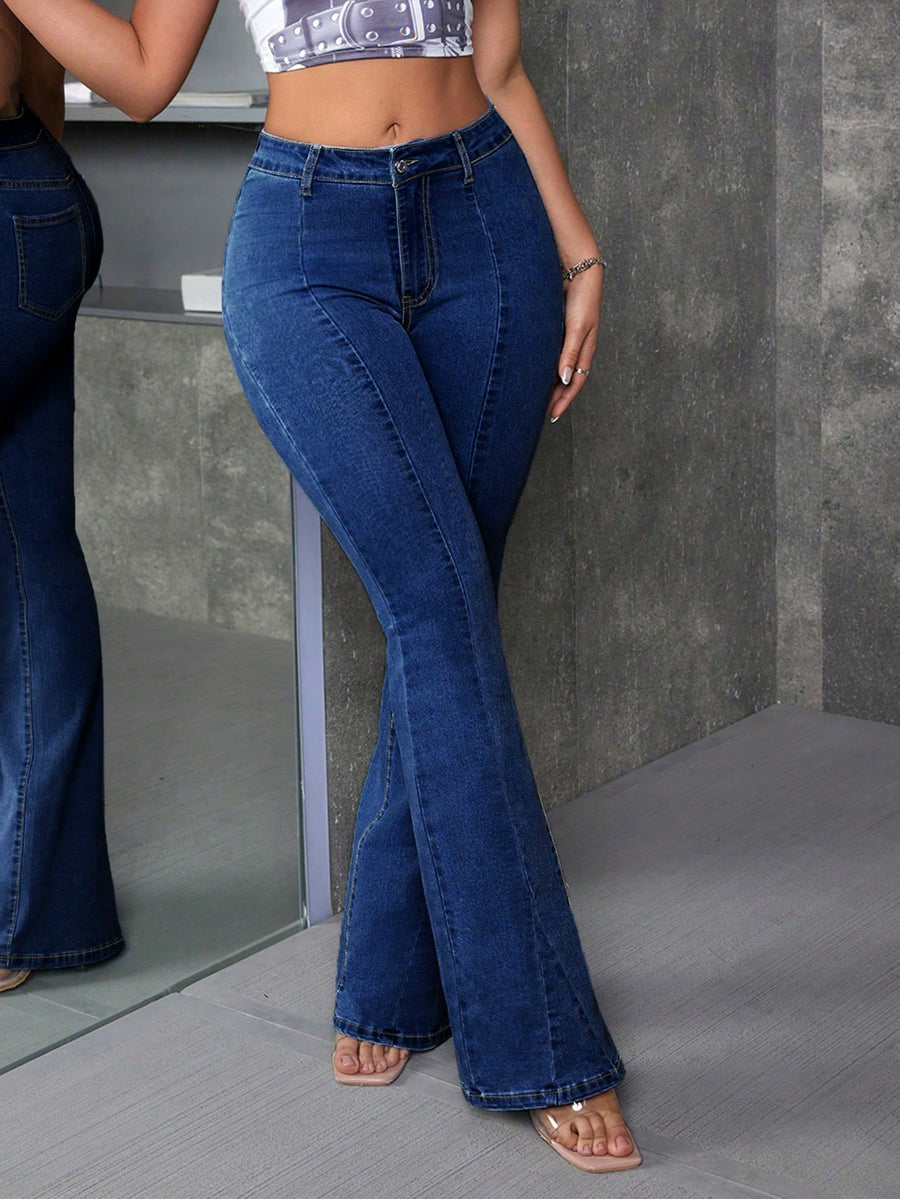 Gen Z Retro Bootcut Jeans – Dark Blue Bootcut Jeans Back View – Glossia Fashion