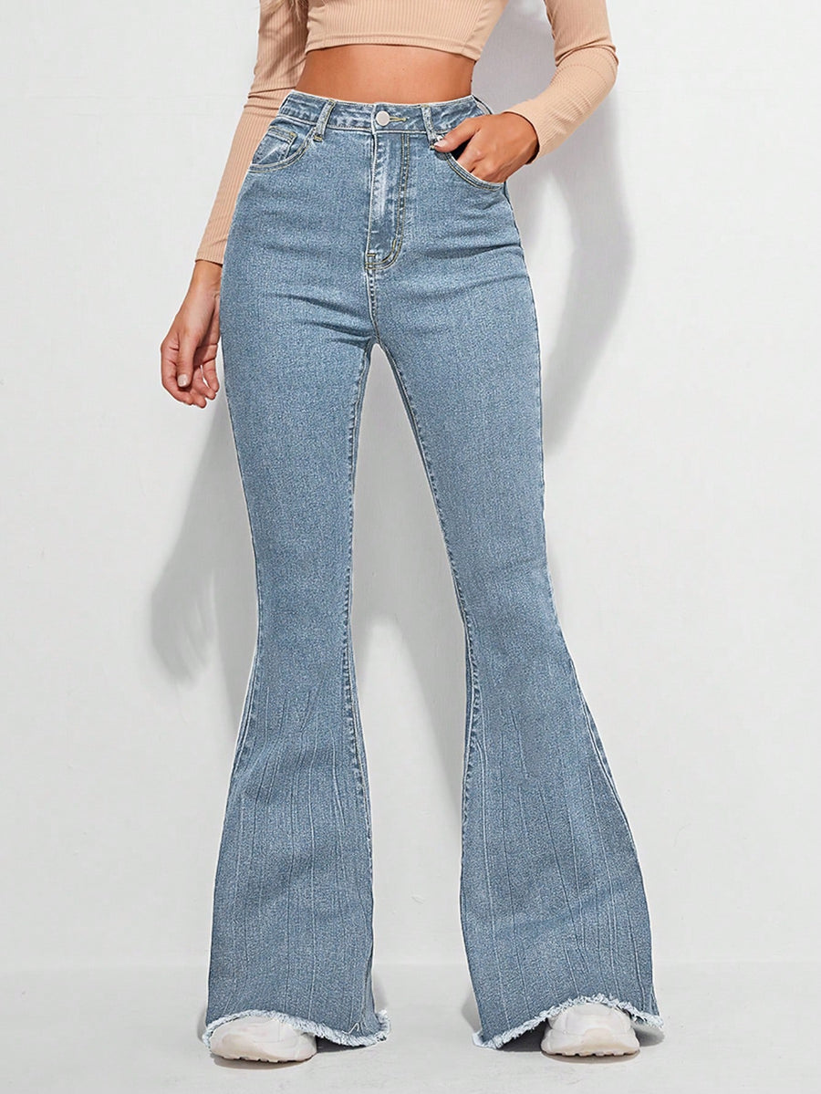Timeless Fade High-Waist Bootcut – Light Blue Bootcut Jeans Front View – Glossia Fashion