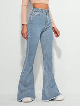 Timeless Fade High-Waist Bootcut – Light Blue Bootcut Jeans Back View – Glossia Fashion