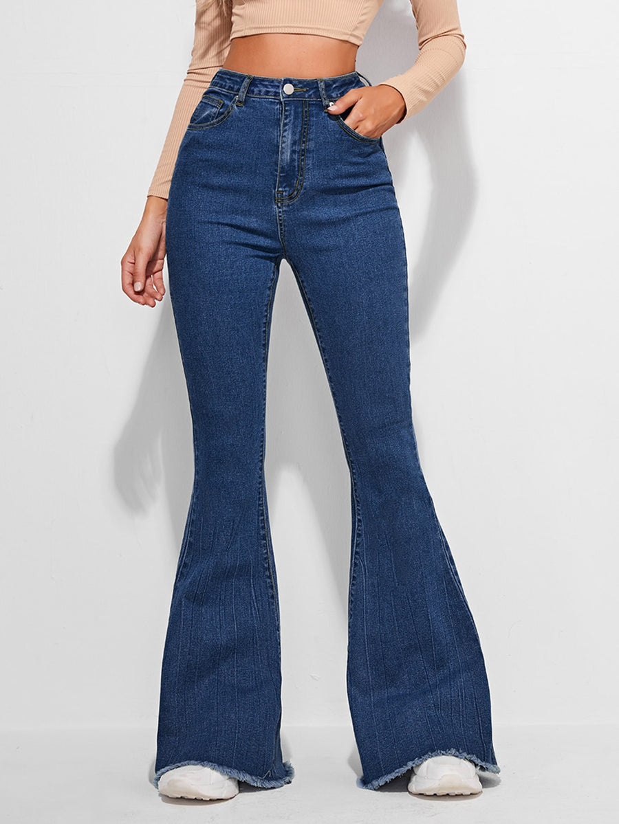 Timeless Fade High-Waist Bootcut – Navy Blue Bootcut Jeans Front View – Glossia Fashion