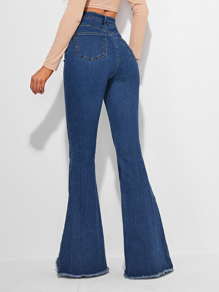 Timeless Fade High-Waist Bootcut – Navy Blue Bootcut Jeans Side View – Glossia Fashion