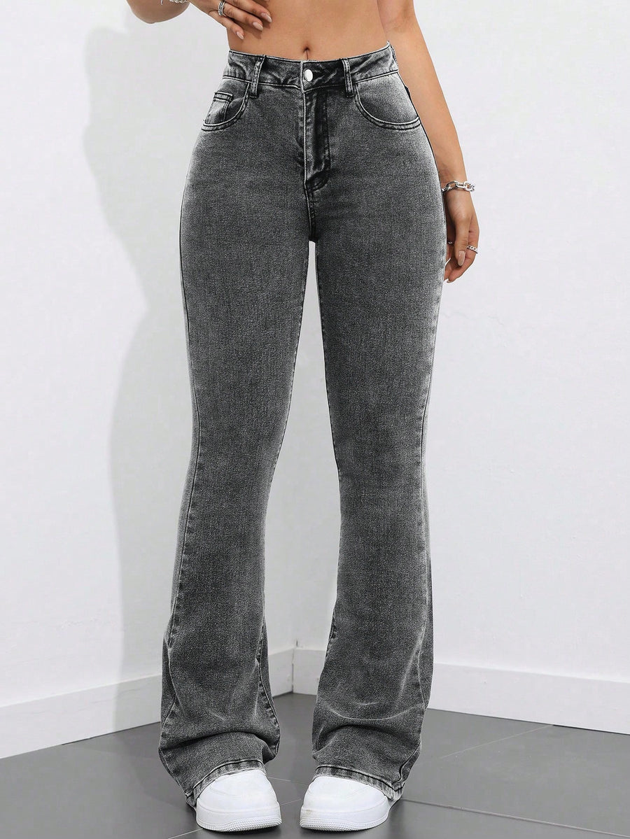 Retro Touch Grey Bootcut Denim – Grey Bootcut Jeans Front View – Glossia Fashion