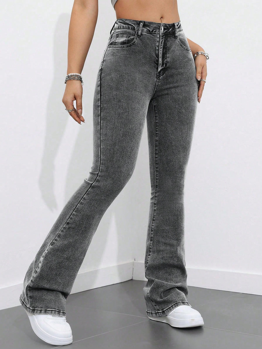 Retro Touch Grey Bootcut Denim – Grey Bootcut Jeans Side View – Glossia Fashion