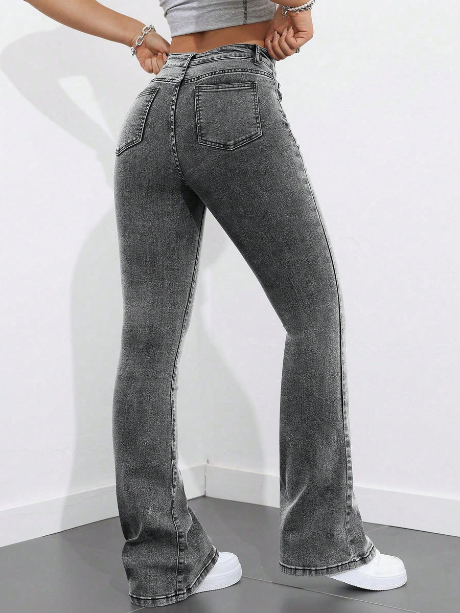 Retro Touch Grey Bootcut Denim – Grey Bootcut Jeans Back View – Glossia Fashion