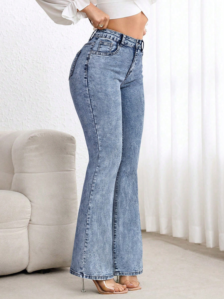 Cloud Blue Slim-Flare Denim – Blue Flare Jeans Side View – Glossia Fashion