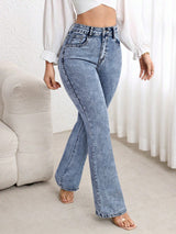 Cloud Blue Slim-Flare Denim – Blue Flare Jeans Detail View – Glossia Fashion